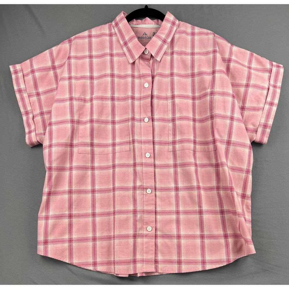 Ridgecut Toughwear Shirt Womens 2X Pink Plaid Short Sleeve Button Up Work Top